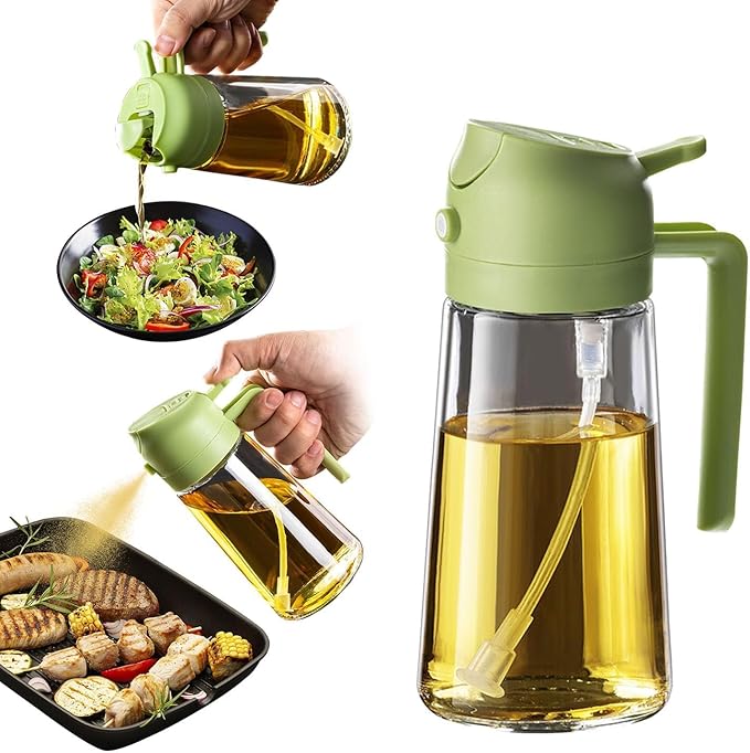 2-in-1 Oil Sprayer & Dispenser Bottle – Premium Glass Oil Bottle with Nozzle